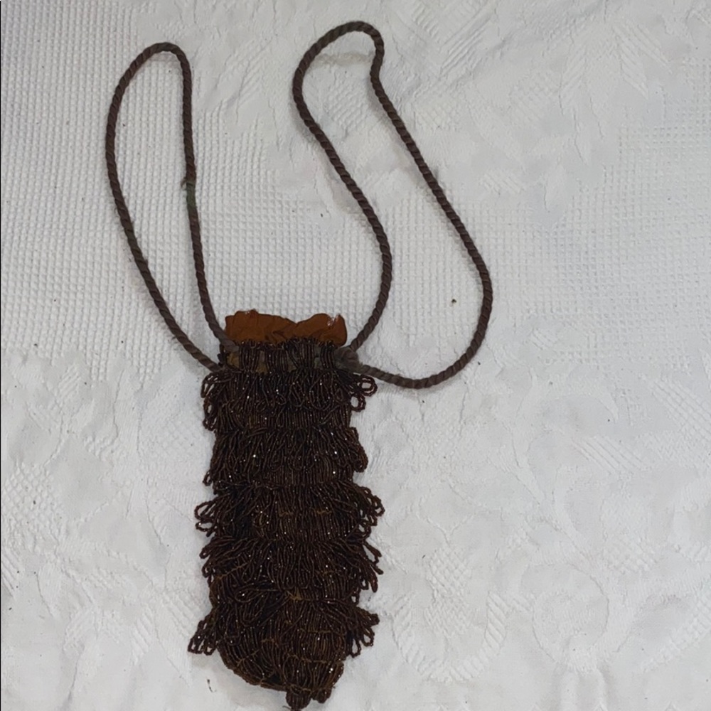 Vtg Amber Colored Beaded Drawstring Flapper Bag - image 1